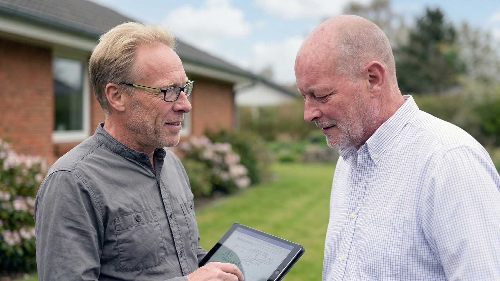 Mogens og Niels står ude i en have og snakker omkring hvilke løsningen, som der vil være bedst for deres kunde jordvarme eller luft til vand varmepumpe